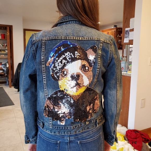 Puppy Mafia sequin jean jacket ripped up w/ studs - Picture 7 of 7